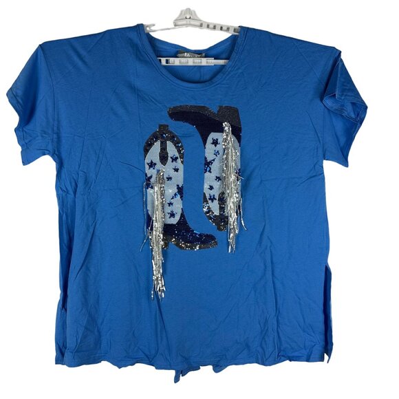 Blue B. Collection Womens Sequin Fringe Cowboy Boot Tee - French Blue Size L - Picture 1 of 7